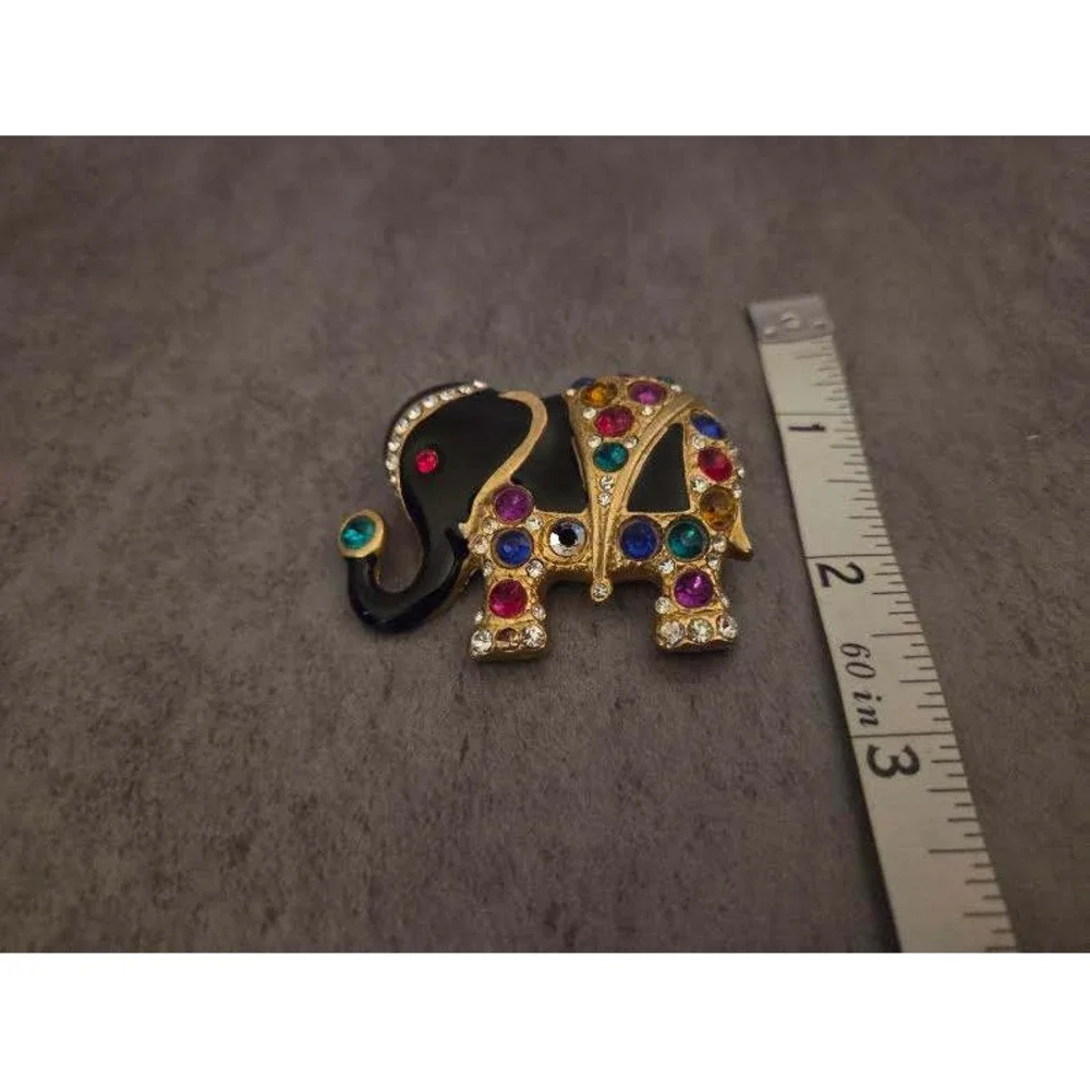 Vintage Gold Tone Multi Color Rhinestone Black Enamel Elephant Brooch Pin